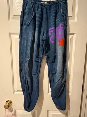 freecity Denim Track Joggers with Purple and Orange Graphic